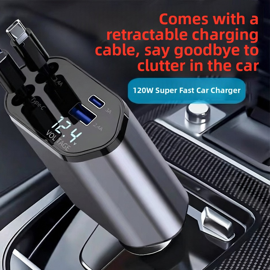 120W Retractable Cable Car Charger with Digital Display
