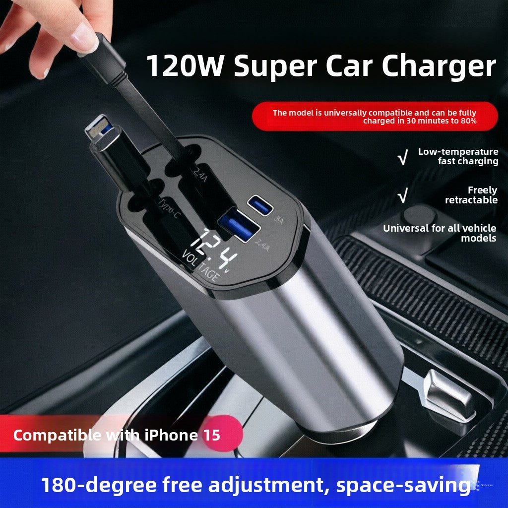 120W Retractable Cable Car Charger with Digital Display