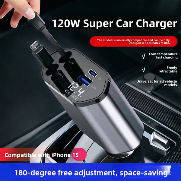 120W Retractable Cable Car Charger with Digital Display