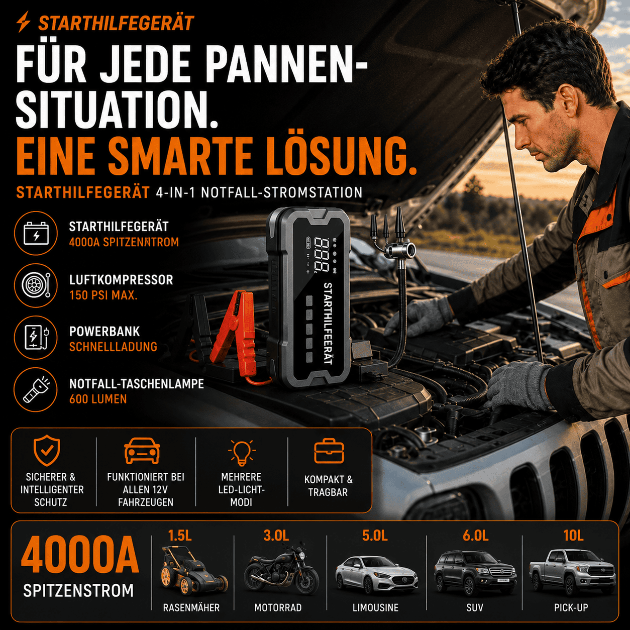 4-in-1 Auto-Starthilfe mit intelligentem Reifenkompressor