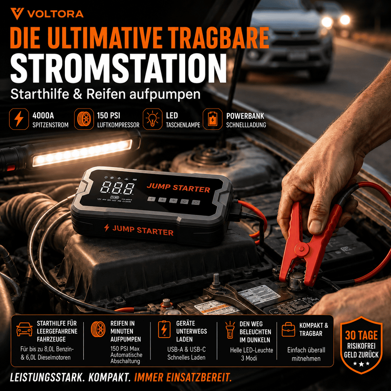 4-in-1 Auto-Starthilfe mit intelligentem Reifenkompressor