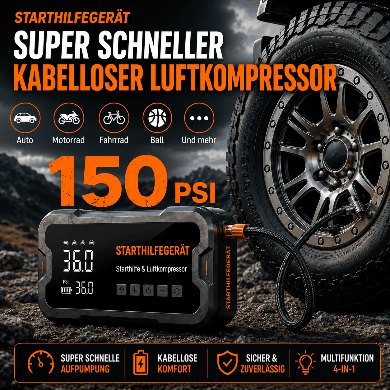4-in-1 Auto-Starthilfe mit intelligentem Reifenkompressor
