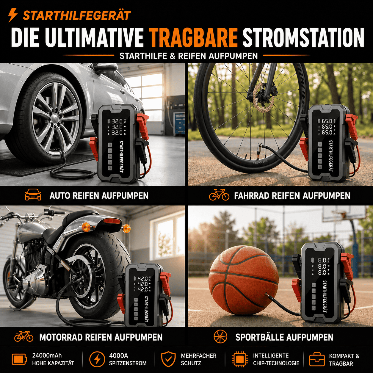 4-in-1 Auto-Starthilfe mit intelligentem Reifenkompressor