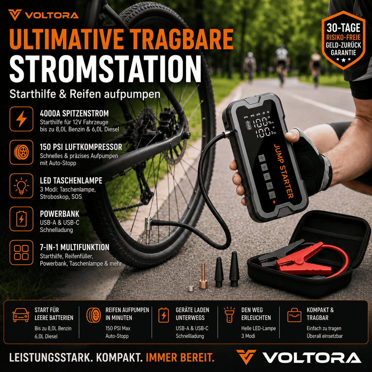 4-in-1 Auto-Starthilfe mit intelligentem Reifenkompressor
