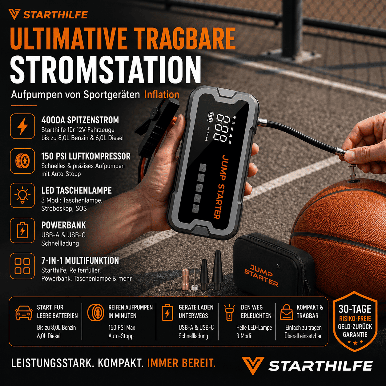 4-in-1 Auto-Starthilfe mit intelligentem Reifenkompressor