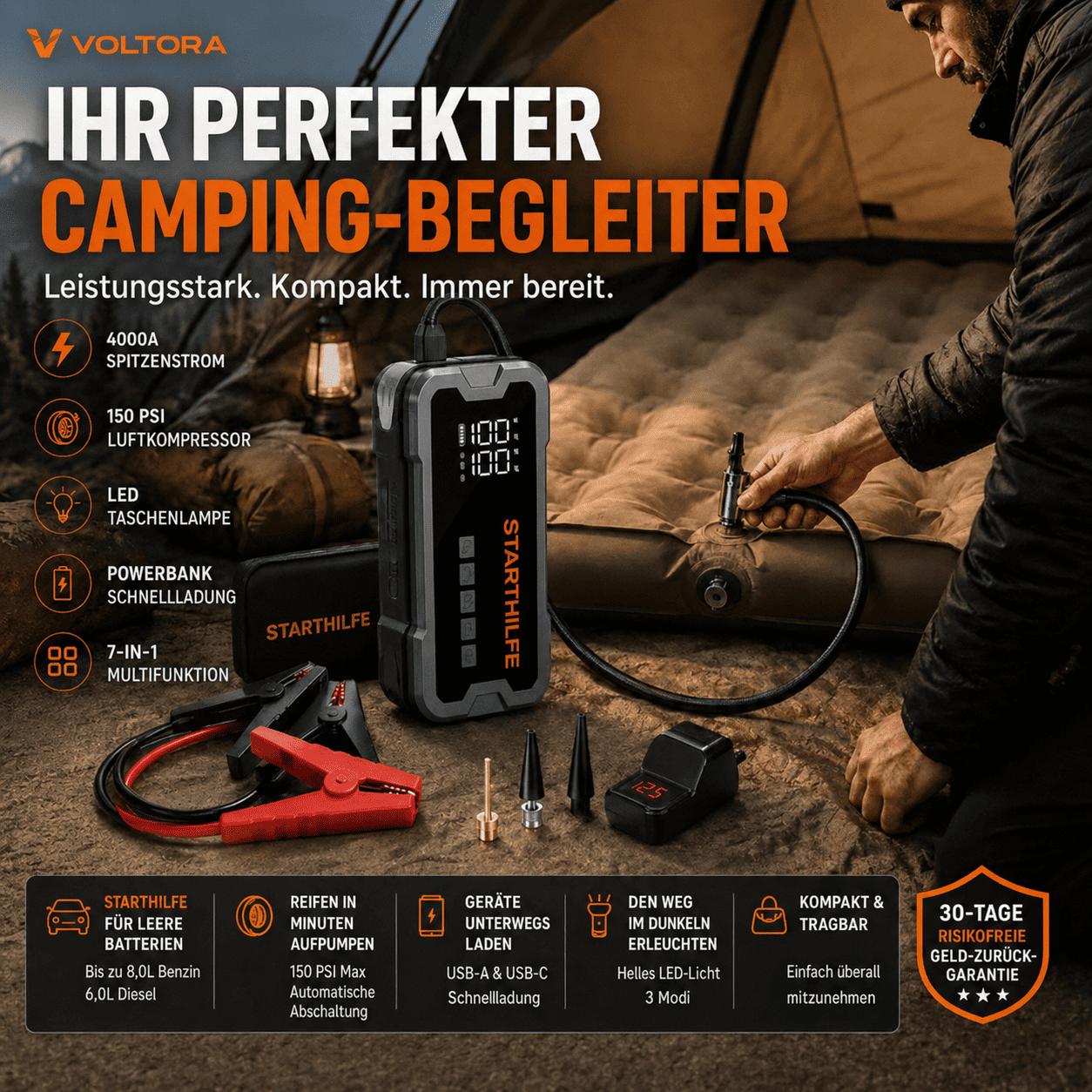 4-in-1 Auto-Starthilfe mit intelligentem Reifenkompressor