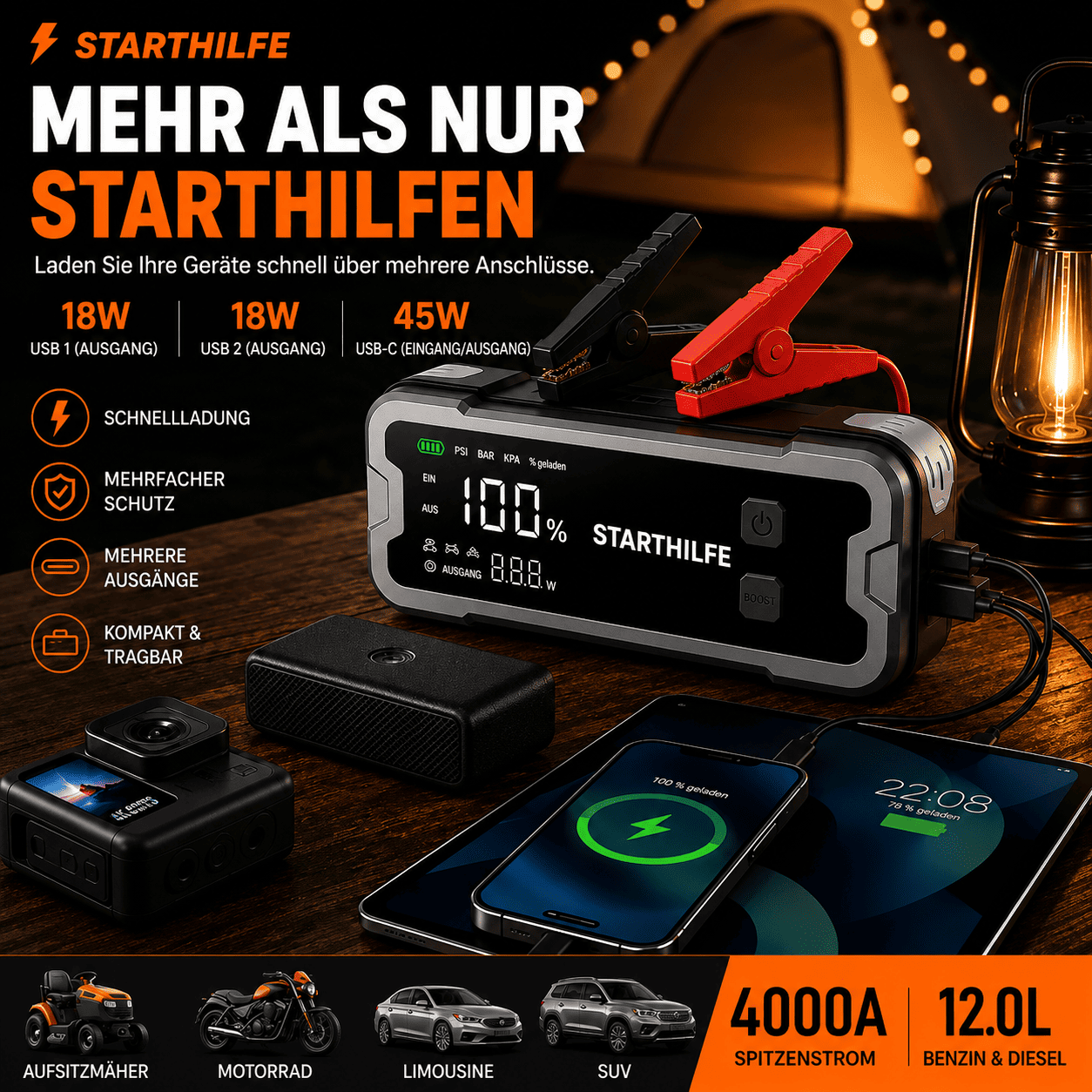 4-in-1 Auto-Starthilfe mit intelligentem Reifenkompressor
