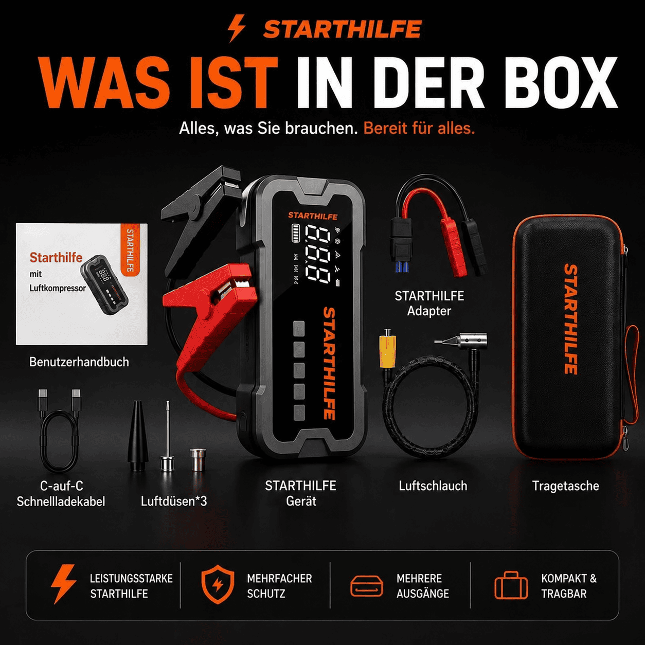 4-in-1 Auto-Starthilfe mit intelligentem Reifenkompressor